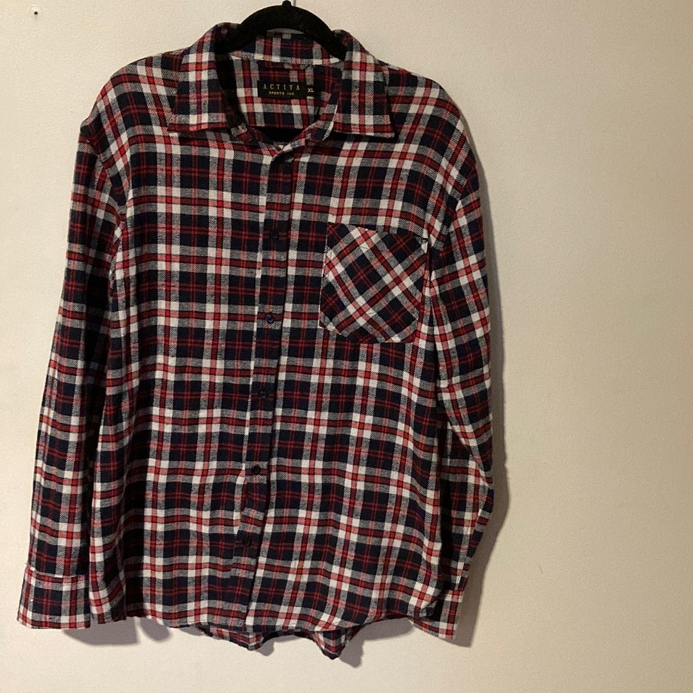 Flannel navy and red plaid. Tried on once.